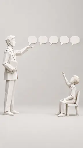 Talking over someone's head: a tall folded-paper lecturer releases a straight horizontal row of five blank geometric speech balloons that pass well above the head of a small seated listener, who looks up with one arm raised short; a lower empty lane of air runs toward the listener's ear, even…
