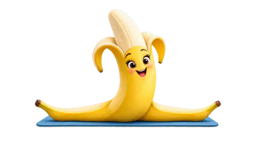 Banana split: A banana character performing a full gymnastic side split on a tiny blue exercise mat, transparent background.