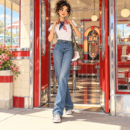 Adult wearing a flag bandana with a canton knot over a white tee in a diner doorway. Thirteen stripes and a neat canton move with the wearer.