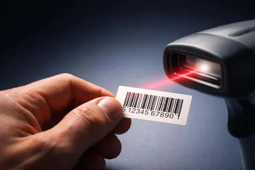 Close-up of a realistic hand scanning a barcode in a 3:2 crop, photographed as product-style imagery for a social-post or poster, emphasizing tactile skin and screen detail.
