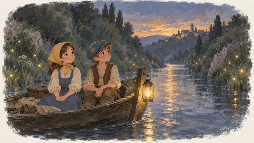 A ferrywoman in a yellow headscarf and a shepherd boy in a patched blue cap sit on a barge gliding up a narrow river gorge between steep banks glowing with fireflies, a lantern at the prow and the first stars over the ridge at dusk.
