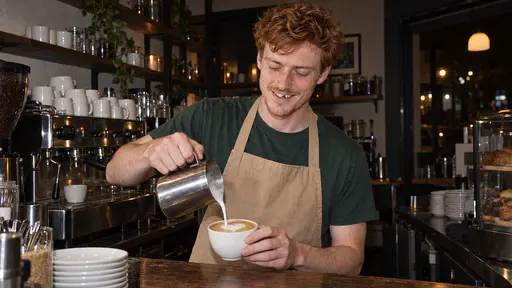 A young man with tousled copper-red hair and ginger stubble in a tan apron over a green t-shirt pours steamed milk from a steel pitcher into a white cup, a heart forming in the foam, behind a cafe counter with an espresso machine and shelves of white cups in the dark.
