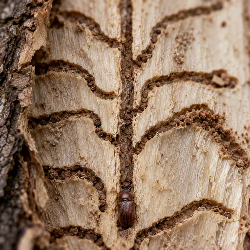 A peeled oak bark strip shows its pale inner face engraved with one straight central gallery and about nine curving side galleries, a small brown beetle at the bottom of the central tunnel and rust-brown wood dust in the channels.