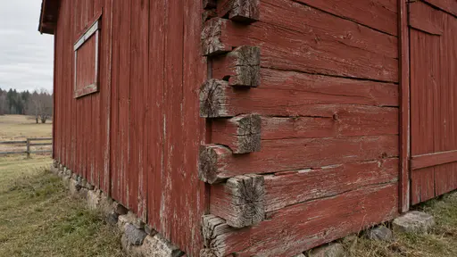 The corner of a red barn reveals its timber joints with interlocked notched beams meeting at right angles in clear light.