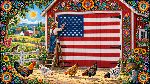 Barn door painted as a flag with thirteen stripes while a painter on a ladder adds a star.