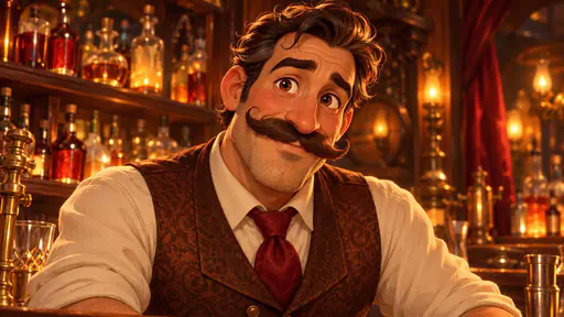 A portrait of a bartender with a handlebar moustache and waistcoat in front of a dark bar.