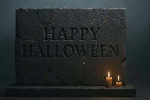 A monumental 3:2 render of “HAPPY HALLOWEEN” chiseled from dark basalt blocks with molten-gold kintsugi seams, moss flecks, carved dust, soft fog backdrop, and candle gleam.