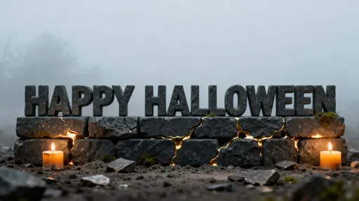 Chiseled uppercase "HAPPY HALLOWEEN" carved from dark basalt blocks with molten-gold kintsugi seams, moss flecks in recesses, dust in valleys, soft fog backdrop and calm mood.