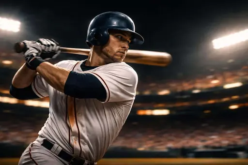 Wide 3:2 sports photo from a low dugout-side angle of a late-20s baseball batter committing to a full swing, sharply tracked bat and shoulders against streaking stadium lights, crowd, and field lines.