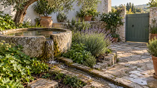 A full stone rain basin in a whitewashed courtyard garden overflows over a low notch in its rim and runs down a shallow stone gutter into a bed of green plants and a lavender border, the water thin and clear and the soil darkened with damp.