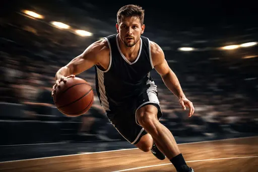 Wide 3:2 indoor sports photograph of a thirty-something basketball player driving forward from a low three-quarter sideline angle with the ball in the foreground, sharp face and ball amid lateral panning blur and deep charcoal tones with warm amber highlights and cool slate shadows.