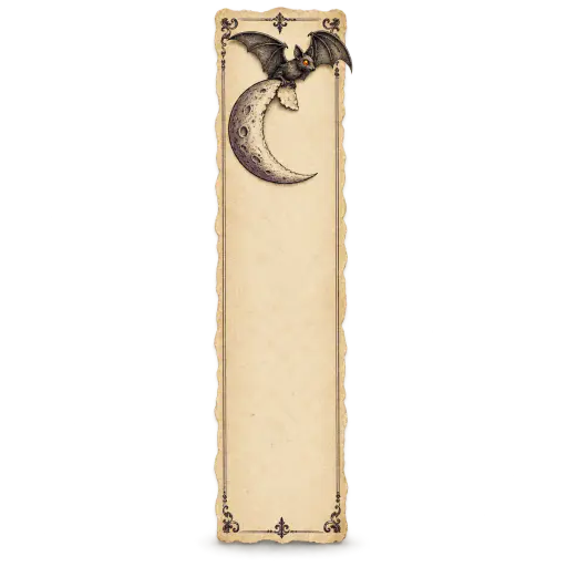 Original Halloween bookmark illustration in engraved vintage style: a tall parchment bookmark with a small black bat perched at its top, gripping the torn corner of a crescent paper moon, faded black engraving with muted plum and pumpkin accents on cream parchment, the lower half left as a plain blank writing area, isolated on a transparent background.