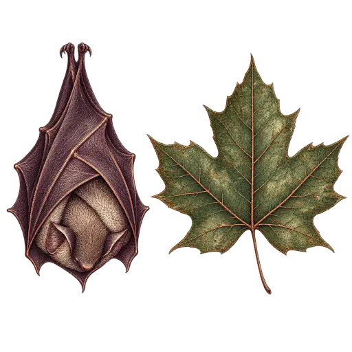 Botanical copperplate engraving of a small sleeping bat hanging with its wings folded so its silhouette echoes the pressed maple leaf beside it — an original Halloween illustration of the night garden, drawn in aubergine ink with green and copper gouache on transparency.
