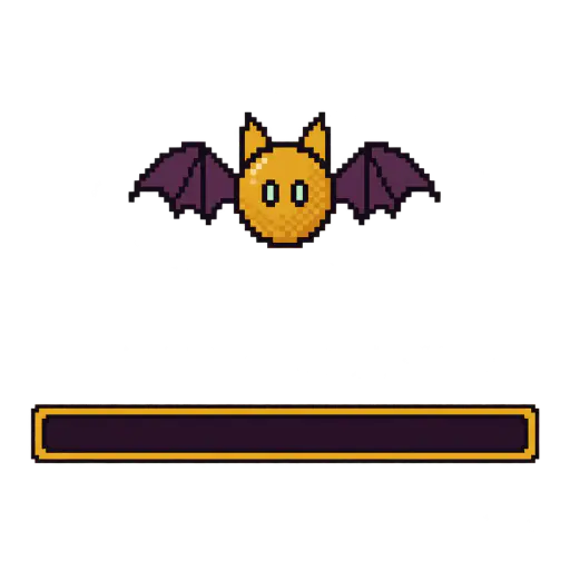 Pixel-art Halloween stream overlay decoration: a warm amber bat ornament with outstretched dark plum wings hangs centred above a long empty horizontal slot with a thin amber border on a deep plum background. The slot is blank and unlettered, ready for later assembly.