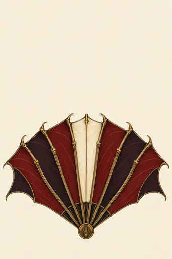 Art-deco poster background with a spread folding fan whose pleats are bat-wing panels in oxblood and midnight plum under a blank ivory title area, an art deco halloween invitation backdrop with copy space.