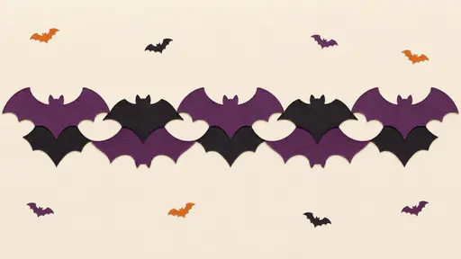 Bat-wing scalloped stripe: layered violet and black cut-paper bat wings overlap into a scalloped horizontal band on a warm cream ground, an elegant Halloween pattern concept for seasonal wrapping and backgrounds.