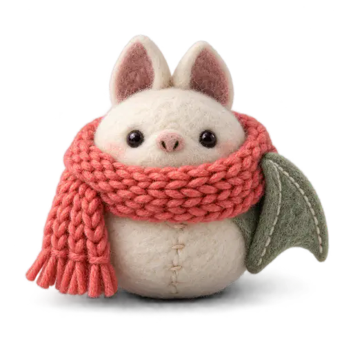 A compact needle-felted wool bat with two blunt ears, small dark bead eyes and one folded wing, wrapped in an oversized faded-coral knitted scarf with a short fringed end, photographed as a miniature craft object on a fully transparent background with a soft contact shadow, for felt bat Halloween clipart and seasonal decoration use.