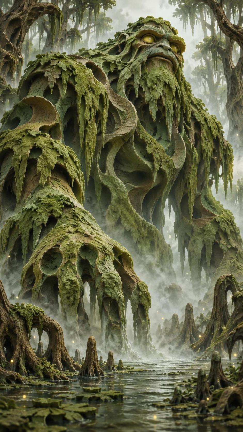 A hulking swamp monster rises from a misty bayou with green algae and hanging vines dripping from its shoulders and glowing yellow eyes among twisted cypress trees and fireflies.