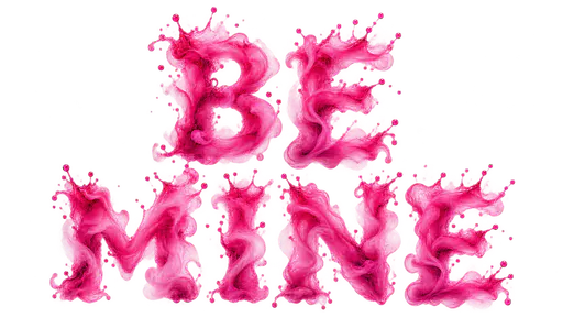 The words BE above MINE in capital letters made of swirling pink and magenta ink in water with wispy trailing edges, on a transparent background.