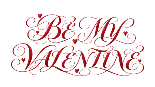 The words BE MY above VALENTINE in flowing ornate rose red calligraphic capital letters with curling flourishes and small red hearts, on a transparent background.