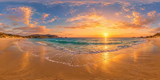 A full 360 degree equirectangular panorama from the shoreline of a wide sandy beach at golden hour with gentle waves, dunes with beach grass, a low sun and a rocky headland.
