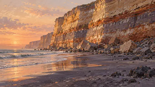 A beach below a tall sea cliff of stacked ochre, rust and cream strata with fallen boulders, wet sand and a calm sea in layered cold wax paint.