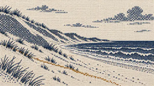 A beach beside tall layered sand dunes with dune grass, rows of small waves and a wide sky stitched in indigo thread on cream even-weave cloth.