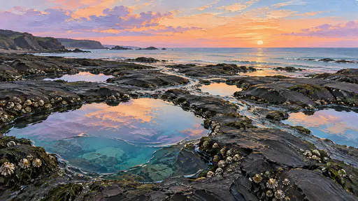 Tidal pools on dark rock shelves at low tide reflect an apricot and lavender evening sky in translucent acrylic gel relief over opaque paint.