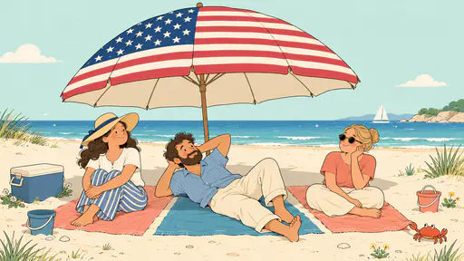 Beach umbrella paneled as a flag with starry top shading adults on towels in sand. Thirteen stripes and a neat canton meet sun and water.