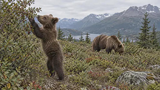 A brown bear cub stands on its hind legs pulling a branch of ripe berries toward its mouth in a shrubby mountain clearing while its mother forages calmly a few metres behind it in diffuse midday light.