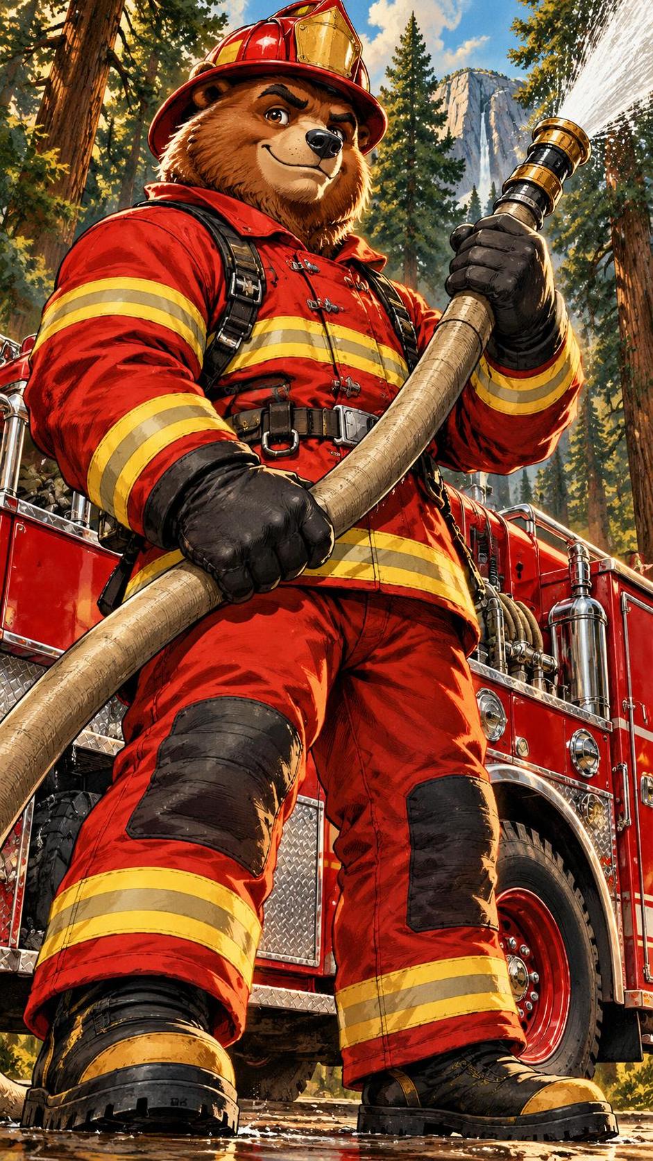 A brown bear stands upright in a red and yellow firefighter uniform with a helmet and a hose in front of a forest and a red fire truck.