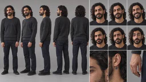 A 16:9 studio character sheet of a bearded man with long wavy black hair in a charcoal sweater, dark trousers and black sneakers, shown in five full-body views, six expressions and three close details.