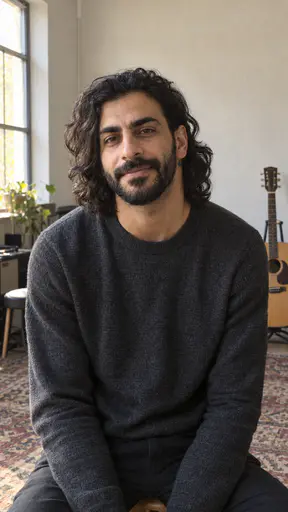 A man in his early thirties with thick wavy black hair to his shoulders and a full dark beard, in a plain charcoal sweater seated in a sunlit rehearsal room with a wooden guitar on a stand and a patterned rug.