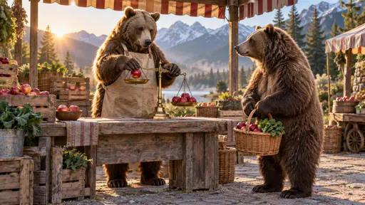Bear market: a big brown bear in a canvas work apron stands behind a wooden produce stall, one paw steadying a brass balance scale while the other sets a red apple on its pan, as a second bear waits on the customer's side holding a wicker basket half full of apples and greens, morning sun…