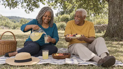 A full-figured woman with silver locs in a teal blouse pours lemonade into two tumblers while a tall elderly man with white hair and a white moustache in a mustard shirt holds out a plate of sliced fruit on a striped picnic blanket under a leafy tree.