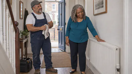 A full-figured woman with silver locs in a teal blouse presses her palm against a warm white radiator with a relieved smile while a stocky repair worker with a short grey beard wipes his hands on a cloth and nods beside his closed toolbag.