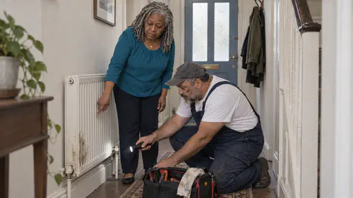 A full-figured woman with silver locs in a teal blouse points to a damp patch at the lower corner of a white radiator with a worried look while a stocky repair worker with a grey beard crouches beside it with a torch checking the valve.
