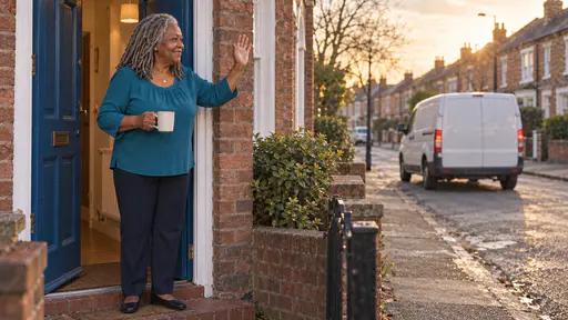 A full-figured woman with silver locs in a teal blouse stands at an open blue front door waving with one hand and holding a mug of tea in the other as a plain white repair van pulls away down a quiet street in low golden late-afternoon light.