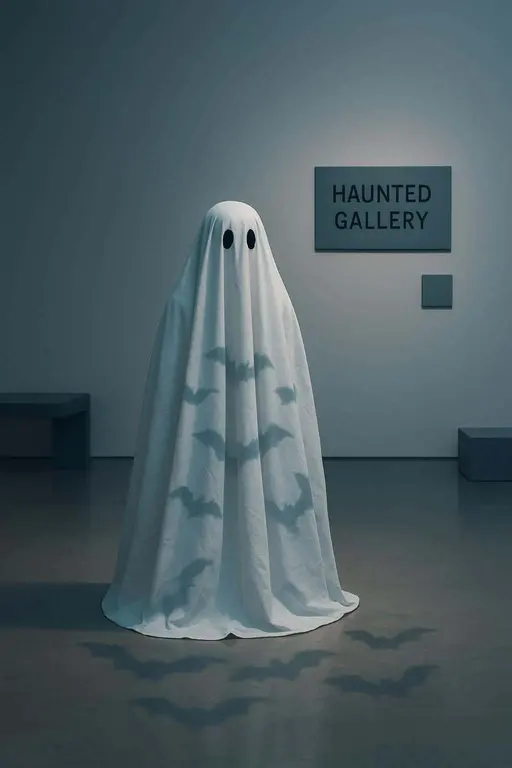 A minimalist art gallery scene shows a bedsheet ghost standing as a night guard beneath slow bat projections, soft flattering illumination, polished concrete reflections, and a placard reading "HAUNTED GALLERY."