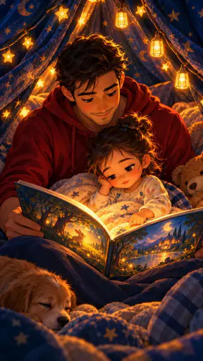 A young father in a red hoodie reads to his toddler inside a blanket tent hung with glowing fairy lights in a retro animated film still look.