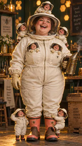 Photoreal 3D render of a cheerful beekeeper with six miniature clones of herself climbing her hat, shoulders, pockets and boot.