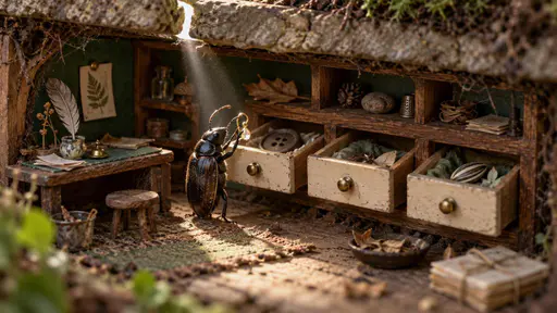 A handbuilt diorama photograph of a tiny lost-property office beneath a garden step, seen in cross-section; a small beetle clerk holds a tiny earring up into one crack of daylight while a coat button and a seed wait in two of three large open drawers with cream fronts and one brass knob.