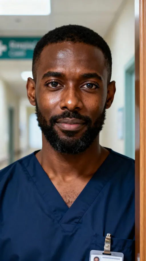 Close headshot of Bekele, an Ethiopian-American registered nurse in navy scrubs with deep-brown skin and warm-gold highlights against a soft-gray hospital corridor, conveying calm confidence.