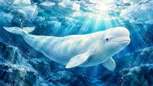 A white beluga whale glides under clear blue arctic water with chunks of floating ice above and sunlight rays beaming down.