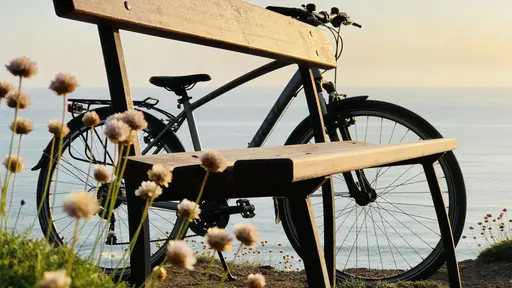 A cinematic, story-driven coastal scene showing an empty bench and parked bicycle beside swaying flowers overlooking a vast calm sea, evoking quiet absence and reflection.