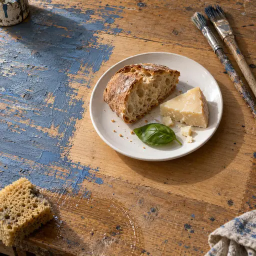 Overhead editorial photograph of an ochre workbench where blue paint smears stop at a wiped clean square holding a white plate with bread, cheese and a basil leaf, with two used brushes beyond the edge and a damp sponge glistening at the boundary.