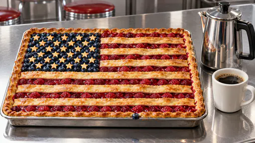 Diner counter with a lattice berry pie forming a flag of blueberry canton and raspberry stripes.