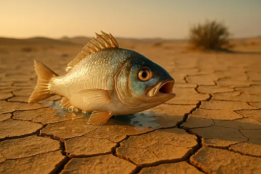 A single fish gasps and flaps on cracked desert ground, scales gleaming with leftover wetness as it struggles against a vast, dry horizon. The image contrasts slick aquatic texture with arid land, capturing sudden displacement and the idiom's awkward vulnerability.