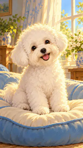 A gentle bichon frise with a fluffy white coat and a cheerful open mouthed expression sits on a soft cushion in a bright room.