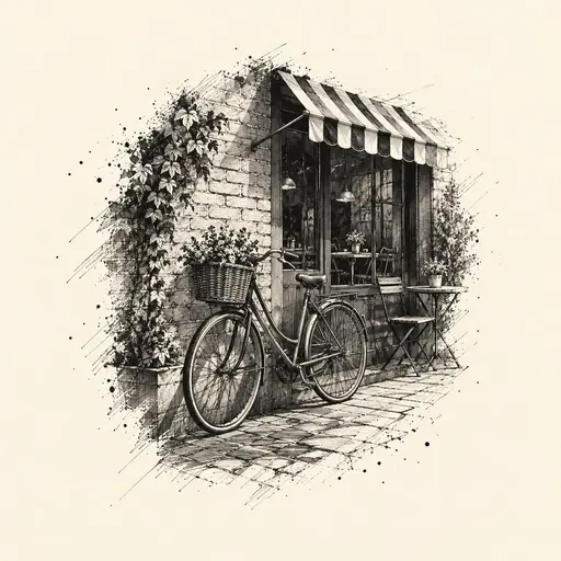 Pen-and-ink crosshatch slice of a vintage bicycle with a wicker basket leaning against a brick cafe wall beneath a striped awning, dissolving into loose hatching on a pale cream field.